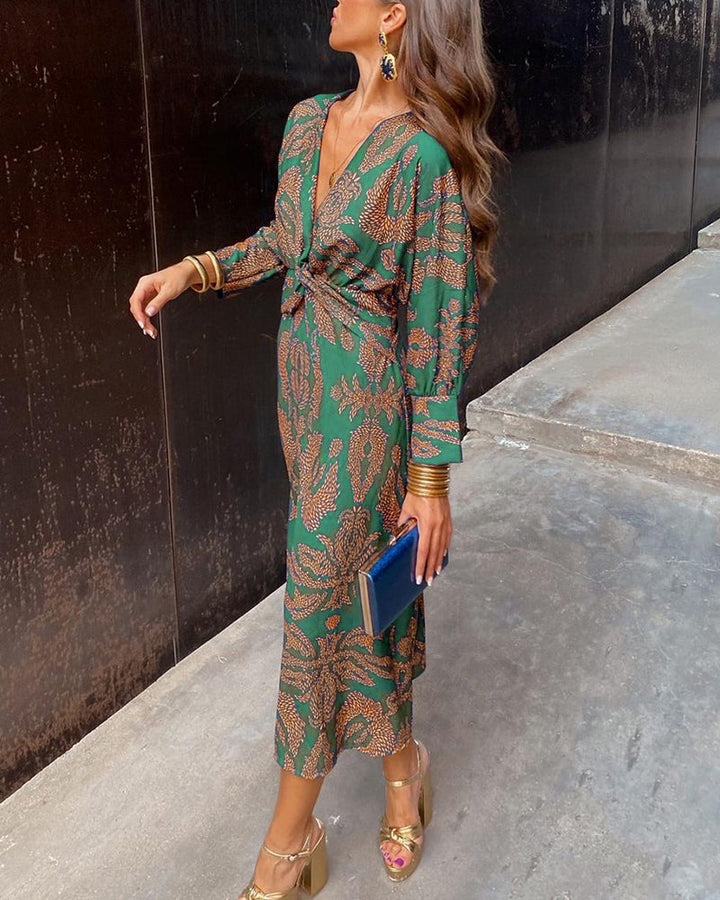 Janella - Vintage Draped Long Sleeve Midi Dress