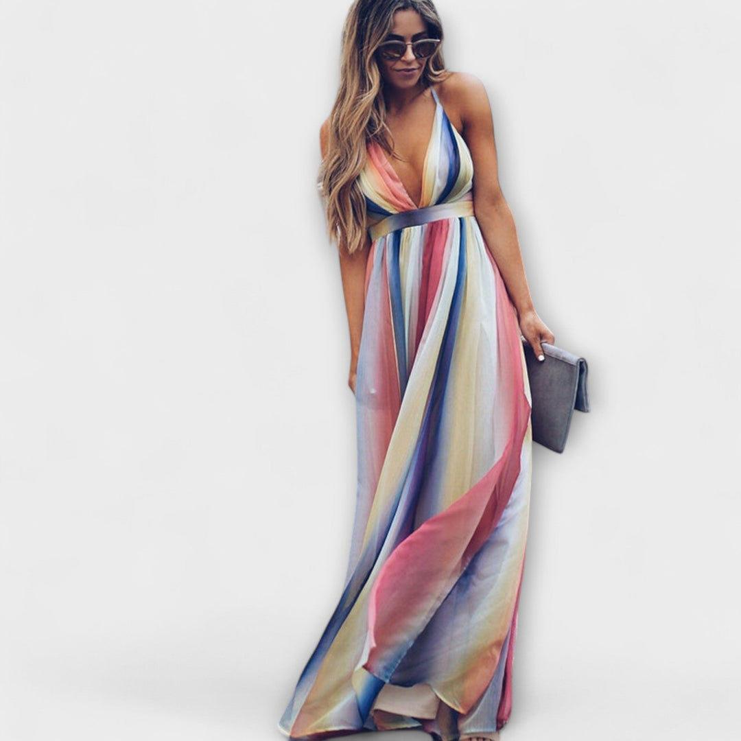 Multicoloured Striped Women's Dress with V-Neck