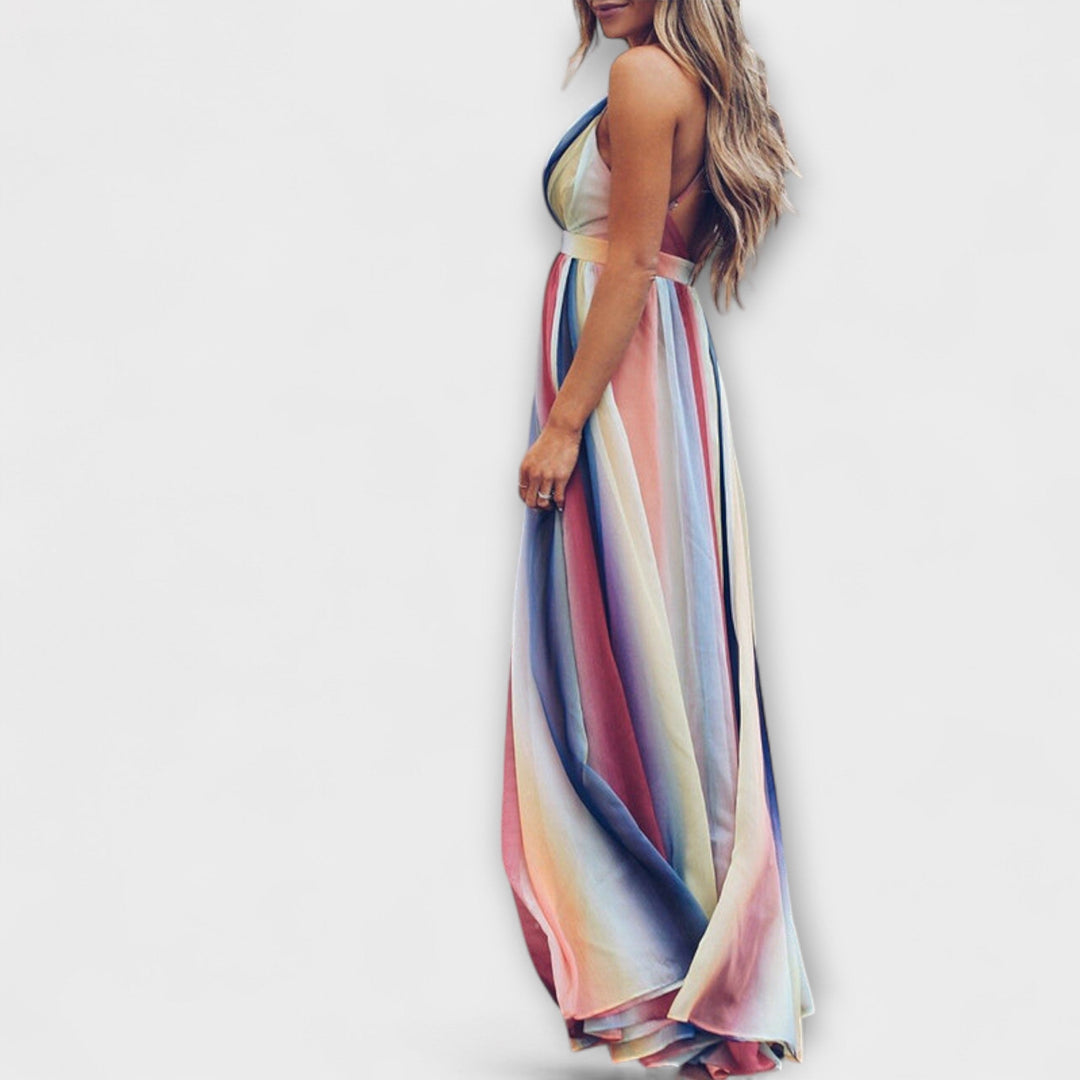 Multicoloured Striped Women's Dress with V-Neck