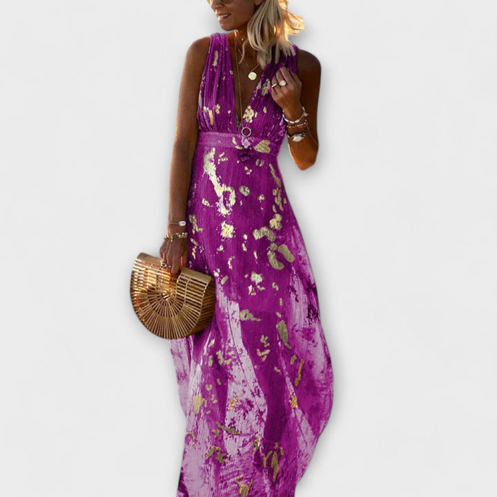Flowing Dress with V-Neck and Sequin Details