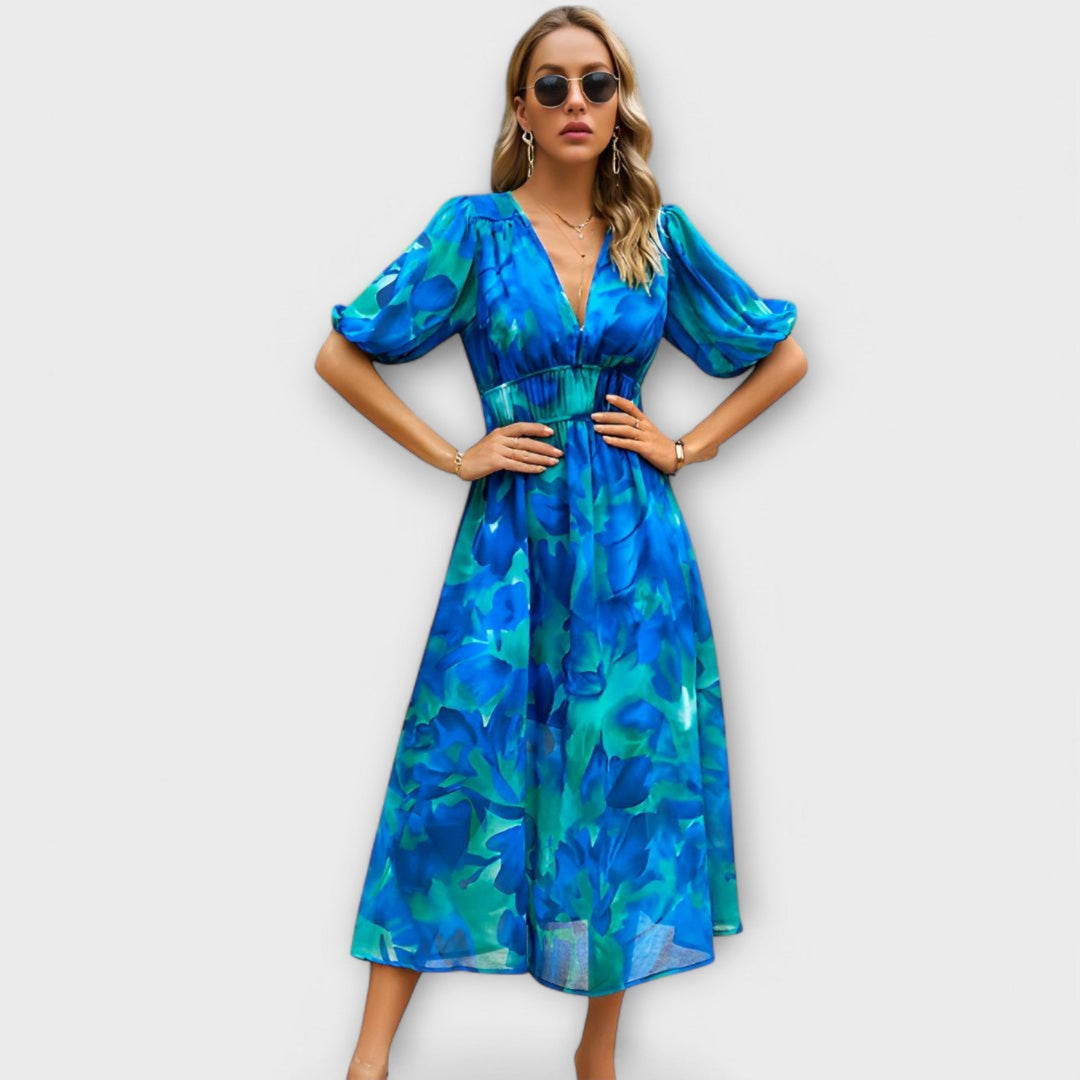Abstract Maxi Dress with Puff Sleeves
